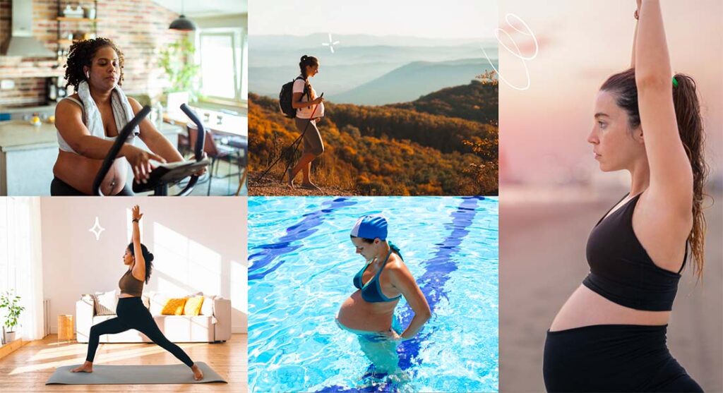 Montage photos de femmes enceintes pratiquant divers sports doux, vélo d’appartement, yoga, natation, randonnée, étirements