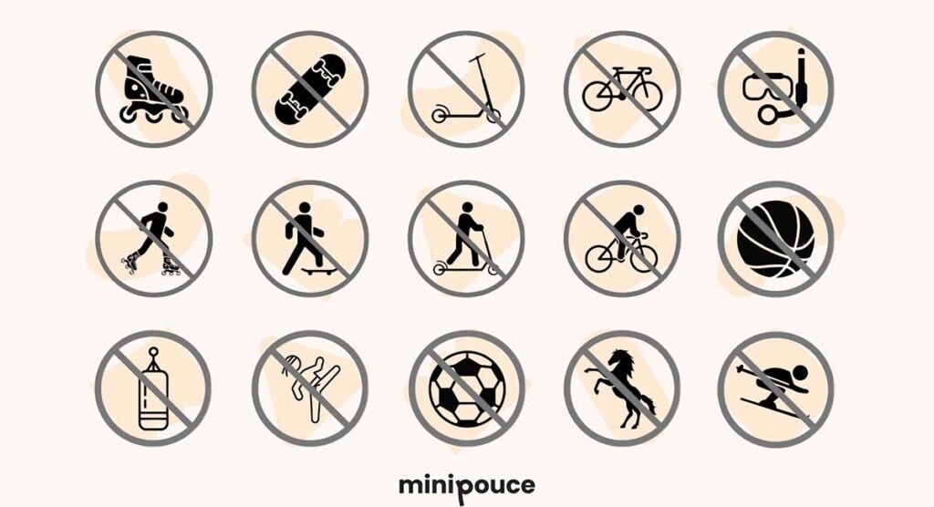 Icônes de sports déconseillés pendant la grossesse, roller, skateboard, trottinette, vélo, plongée, boxe, sports collectifs, équitation, ski.