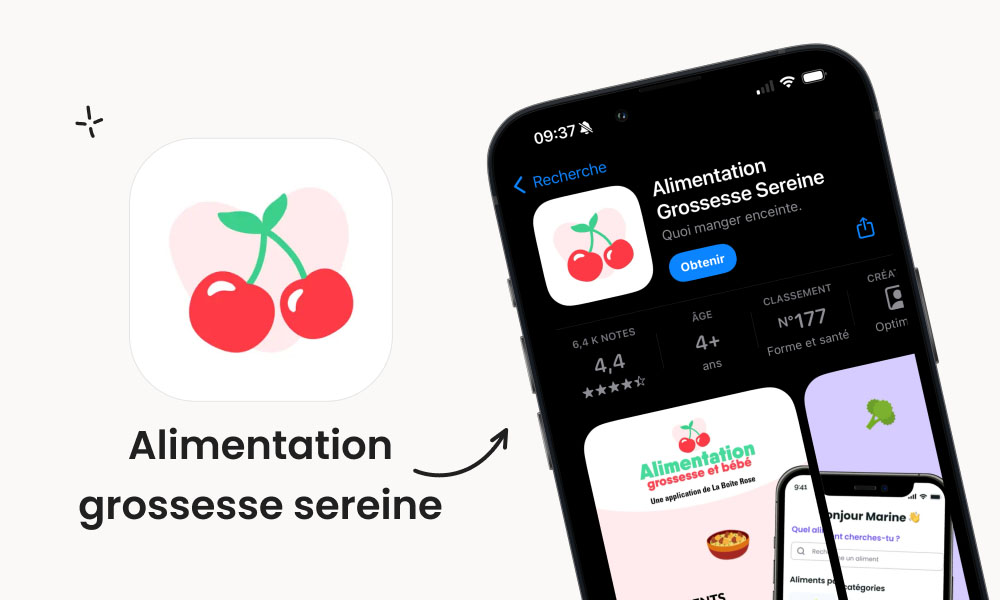 Application “Alimentation Grossesse Sereine” affichée sur smartphone, avec une note de 4,4 étoiles par plus de 6 000 utilisateurs. Icône illustrée par deux cerises, symbole de bien-être. Pensée pour les femmes enceintes, l’app propose un suivi de grossesse axé sur l’alimentation : aliments autorisés, conseils nutritionnels et menus adaptés pour chaque trimestre. Idéale pour une grossesse saine et sereine.