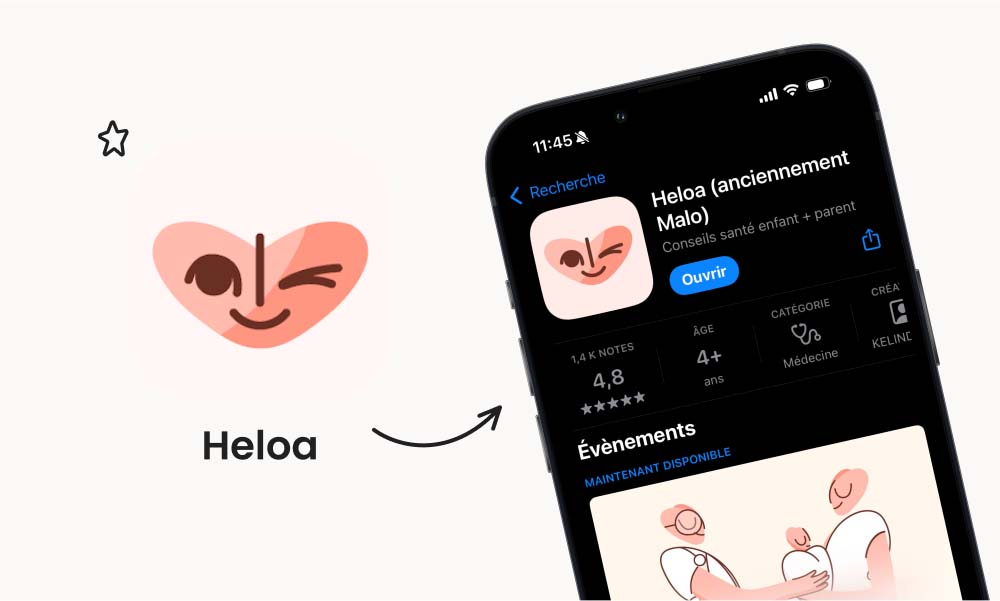 Téléphone mobile affichant l'application de suivi de grossesse "Heloa Malo" , montrée sur un magasin d'applications avec une note de 4,8 étoiles et des informations sur les fonctionnalités récentes liées à la santé des enfants et des bébés.