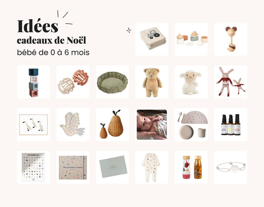 Idées cadeaux pour le premier Noël d’un bébé, sélection spéciale jouets et accessoires 0-6 mois.