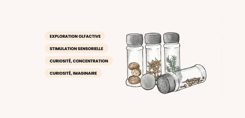 Illustration de petits flacons sensoriels remplis d’épices et de plantes, activité bébé 9 mois autour des odeurs