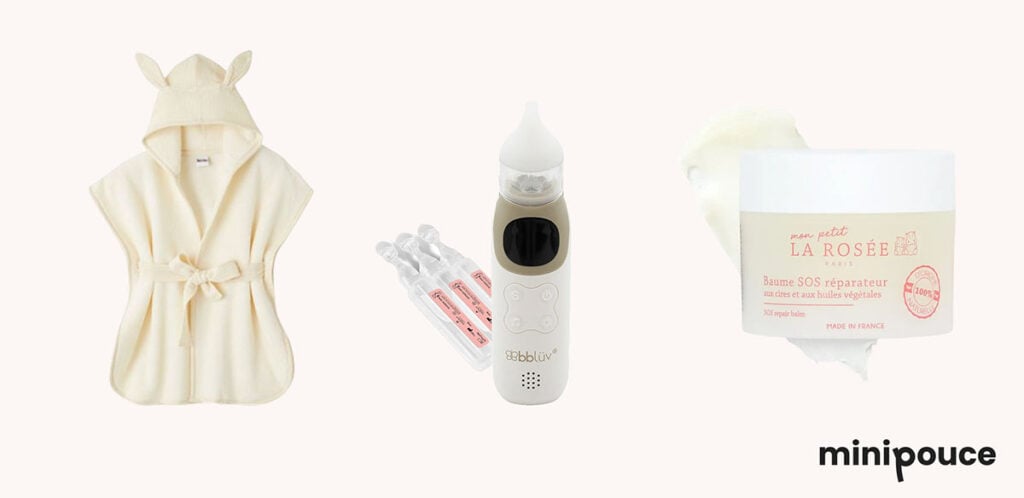 Indispensables hiver bébé : cape de bain à capuche, mouche-bébé et baume réparateur pour liste de naissance