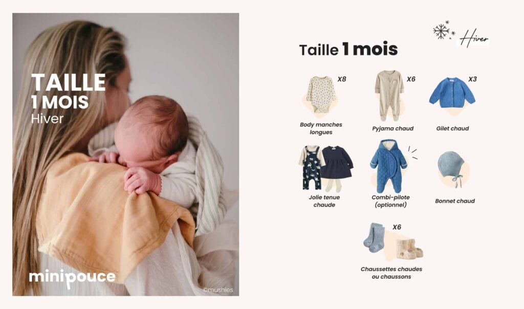 Liste naissance hiver bébé taille 1 mois : bodys manches longues, pyjama chaud, gilet et bonnet