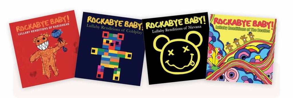 Collection Rockabye Baby transformant des titres célèbres en berceuses douces, parfaite pour proposer une musique bébé moderne, réconfortante et adaptée au sommeil