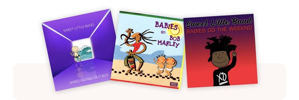 Albums du groupe Sweet Little Band revisités en versions douces pour tout-petits, parfaits pour initier les enfants à une musique bébé moderne et apaisante inspirée de grands artistes