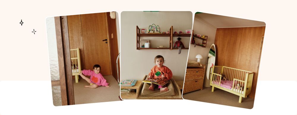 Décoration chambre bébé style années 70 avec mobilier en bois vintage, tons terracotta et orange, ambiance rétro seventies