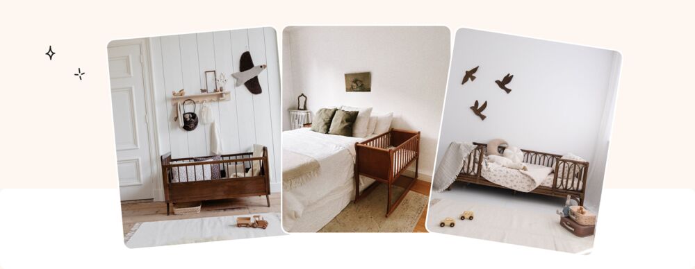 Chambre bébé blanche vintage avec lit en fer forgé patiné, oiseaux décoratifs muraux et textiles délicats