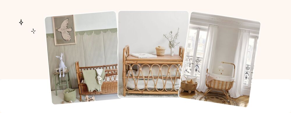 Décoration chambre bébé bohème avec lit en rotin naturel, textiles beiges et osier, ambiance nomade chaleureuse