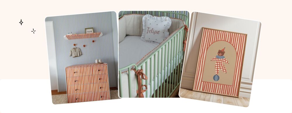 Chambre bébé circus avec rayures rouge et blanc, affiche cirque vintage et tons pastels doux