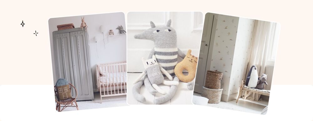 Décoration chambre bébé gris milk avec doudous tricotés, armoire ancienne repeinte et touches de rose poudré