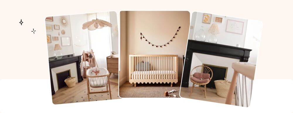 Décoration chambre bébé naturelle épurée avec cheminée noire, mobilier en bois clair et tons beiges apaisants