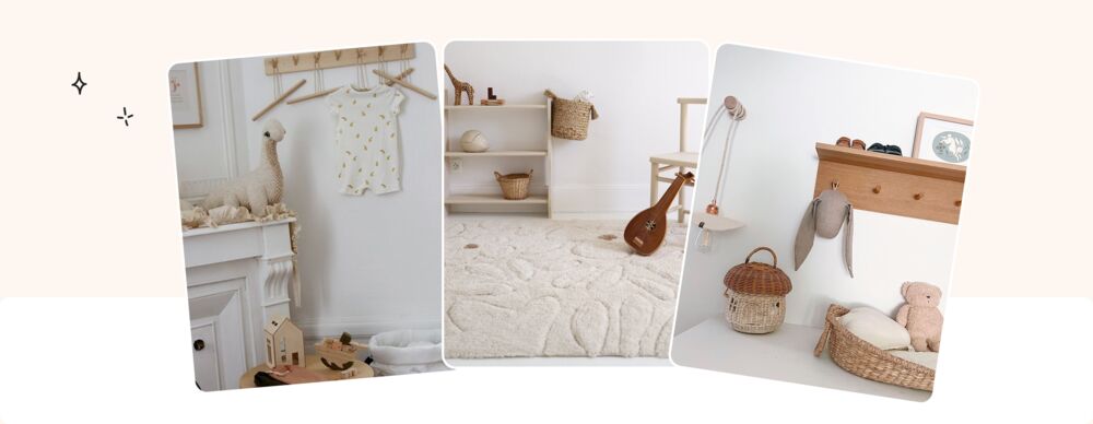Chambre bébé naturelle avec paniers en osier, bois brut, tons écrus et matières authentiques durables