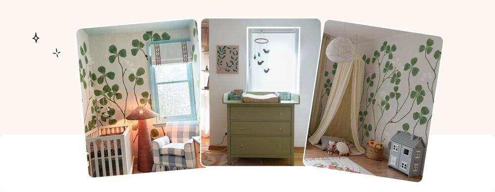 Chambre bébé green avec papier peint botanique eucalyptus, commode vert sauge et ambiance végétale apaisante