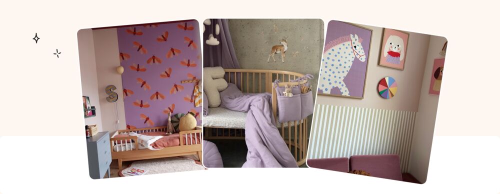 Décoration chambre bébé violette audacieuse avec papier peint oiseaux mauve, textiles lavande et affiches colorées graphiques