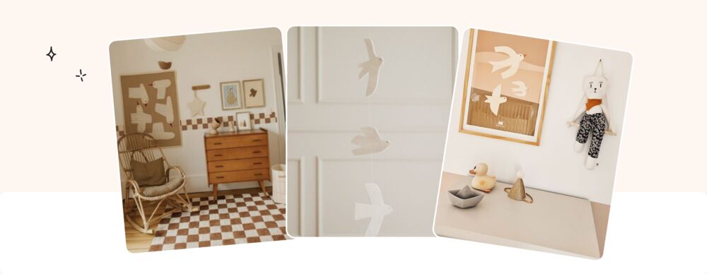 Chambre bébé poétique avec damier terracotta au sol, commode vintage en bois, motifs d'oiseaux blancs et tons caramel doux