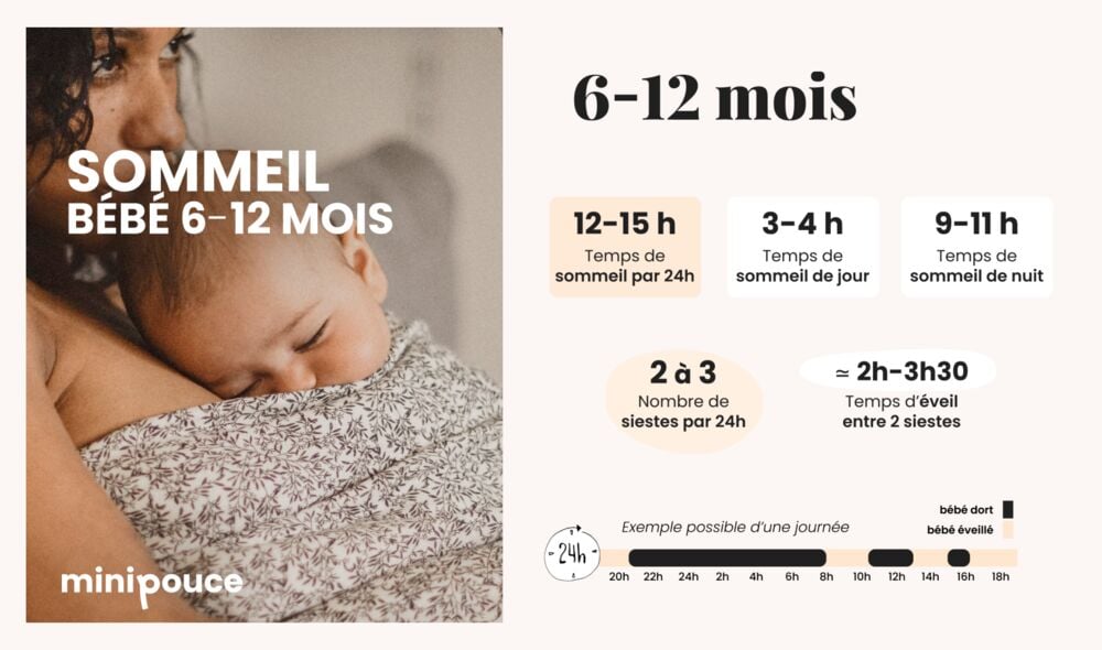 Guide visuel tableau sommeil bébé 6-12 mois montrant 12 à 15 h de sommeil par 24 h, 2 à 3 siestes et 2 h à 3 h 30 d’éveil