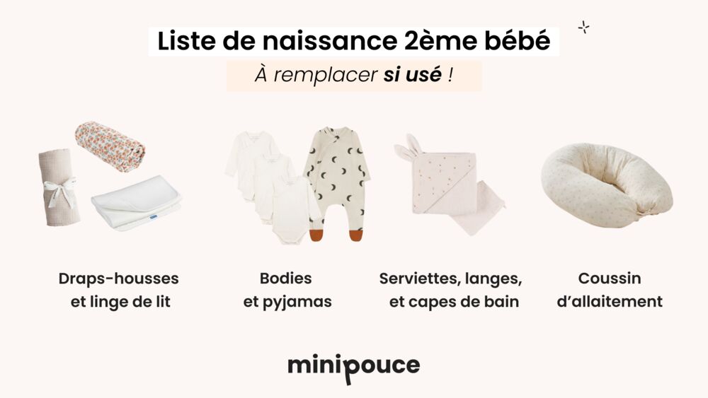 Liste de naissance deuxième enfant avec textiles et accessoires bébé à remplacer si usés, conseils pour préparer l’arrivée d’un nouveau-né