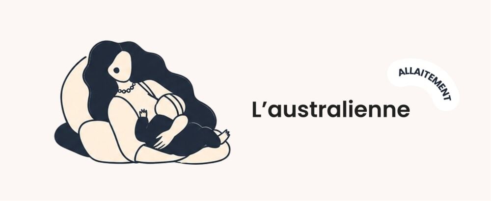 Illustration de la position d’allaitement semi-allongée, dite australienne : maman inclinée sur des coussins, bébé posé contre elle