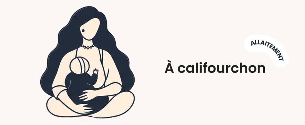 Illustration de la position d’allaitement à califourchon : bébé assis sur la cuisse de sa maman, face au sein