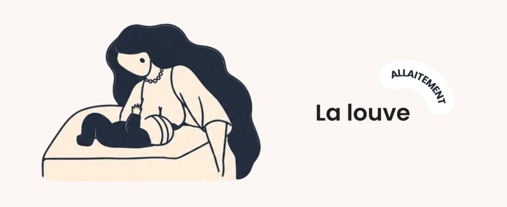 Illustration de la position d’allaitement de la louve : maman à quatre pattes au-dessus de bébé allongé sur le dos