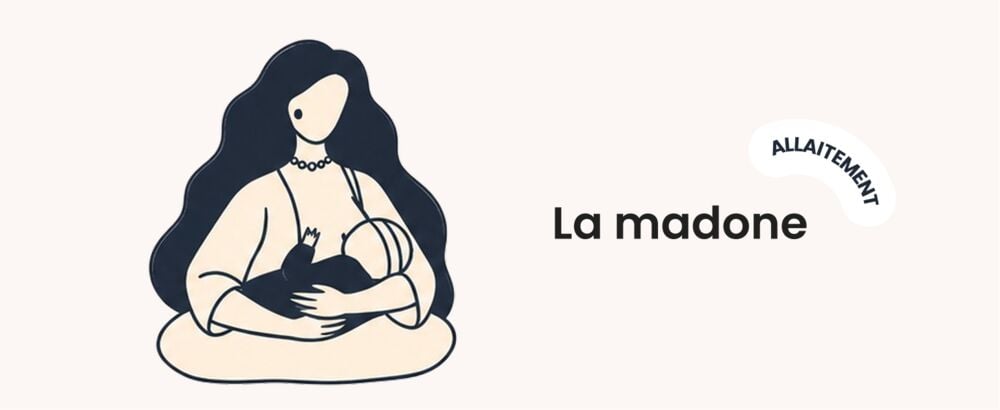 Illustration de la position d’allaitement de la madone : bébé allongé sur l’avant-bras de sa maman, face au sein