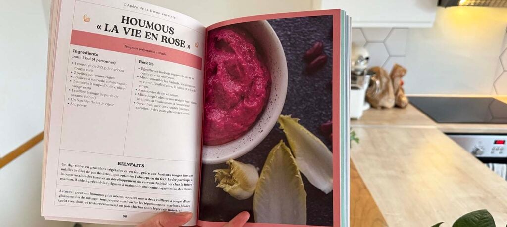 Recette de houmous à la betterave « La vie en rose », apéritif pour femme enceinte ouvert dans le livre